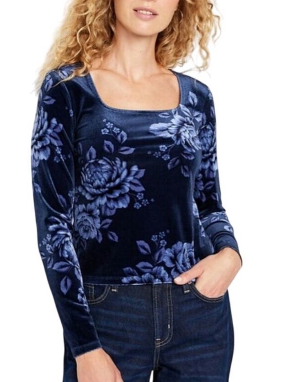 Old Navy Black and Blue Floral Fitted Long Sleeve Velvet Blouse